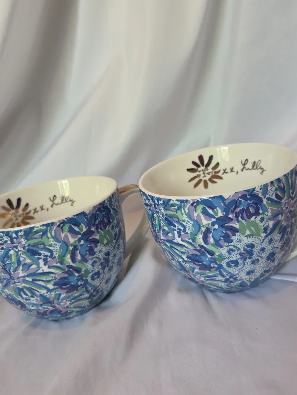 Lilly Pulitzer Floral Blue Ceramic Tea Coffee Mugs Set of 2